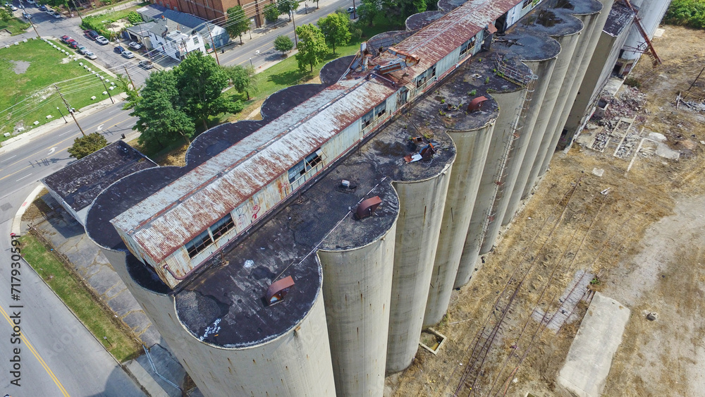 Aerial View of Abandoned Grain Silos and Factory in Decay