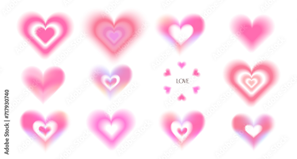 Trendy blurry heart shapes set. Y2k aura collection for valentine's day decor. Blurred smooth gradient elements for logo, templates, badges, stickers, collages. Vector illustration