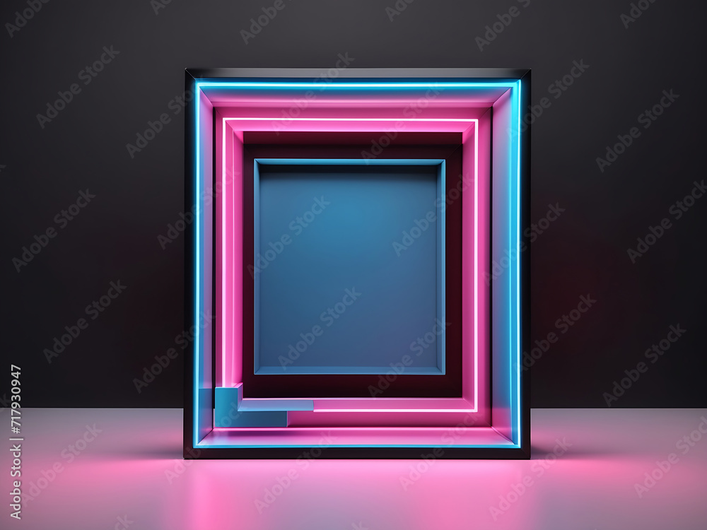 Square rectangle picture frame with two-tone neon color motion graphic on an isolated black background. Blue and pink light moving for overlay element. 3D illustration rendering design.