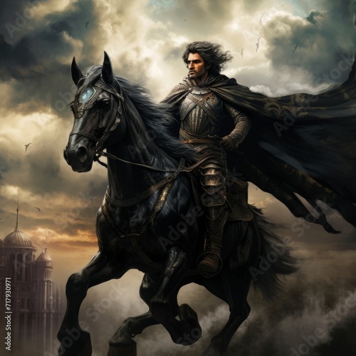 a medieval man riding a black Pegasus