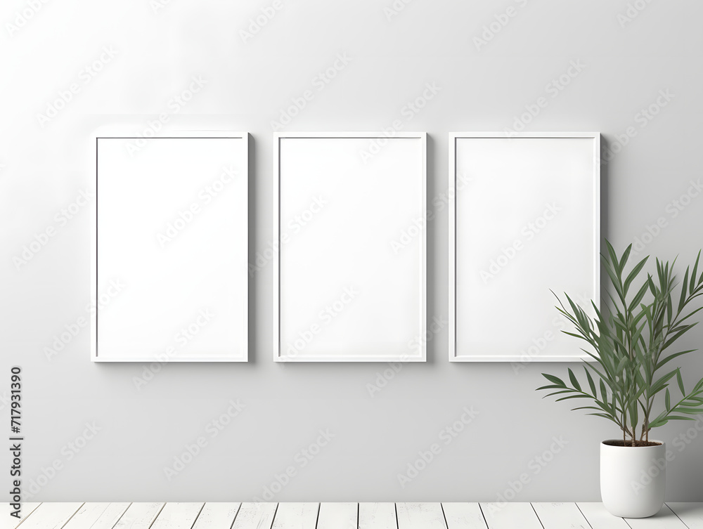 3D modern interior with blank poster frame mockup in the wall