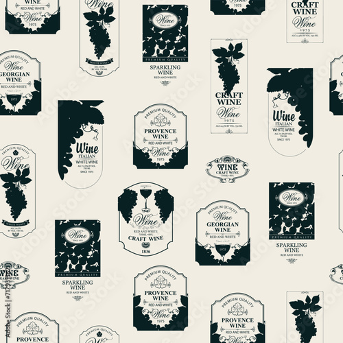Seamless pattern with ornate wine labels in retro style. Repeating vector background on the theme of wine and wineries. Suitable for vintage Wallpaper, wrapping paper, fabric