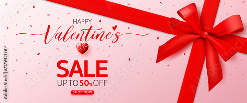 3D Happy valentine’s day banner template. special discount promotion sale offer with red ribbon, pink background for valentine online shop, store, advertising card, love, social media post, wallpaper