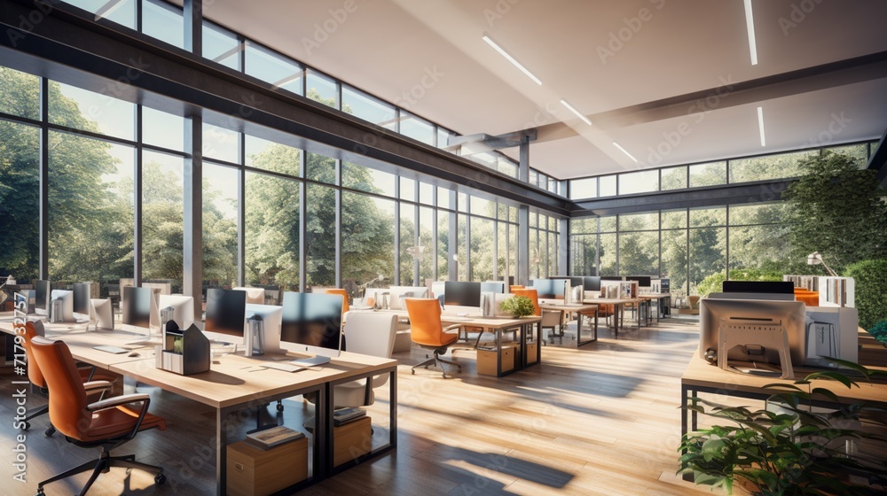 A high-definition digital representation of a modern open-plan office with rows of desks, ergonomic chairs, and large windows providing plenty of natural light,