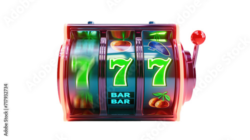 neon casino slots machine with glowing lucky number 7, transparent background