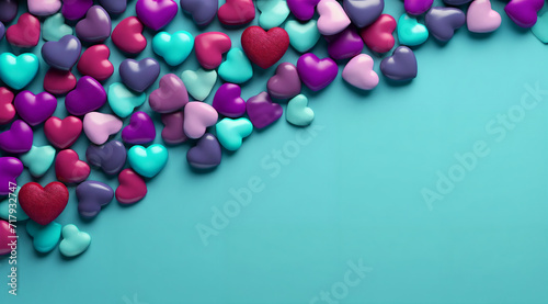 a group of hearts on a blue background with a place for text or image to be placed on the left side of the image, generative ai