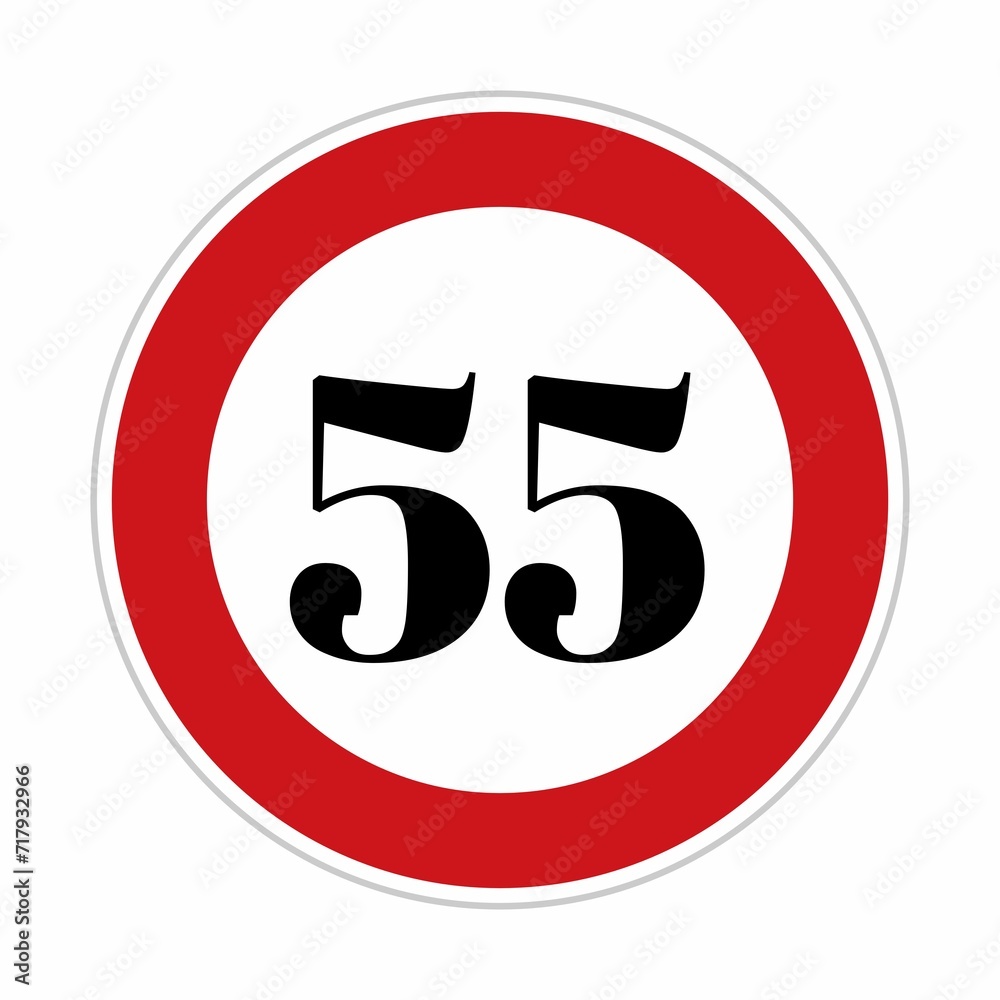55 kmph or mph speed limit sign icon. Road side speed indicator safety element. Fifty five speed sign flat isolated on white background 55 kmph or mph speed limit sign icon. Road side speed indicator safety element. Fifty five speed sign flat isolated on white background