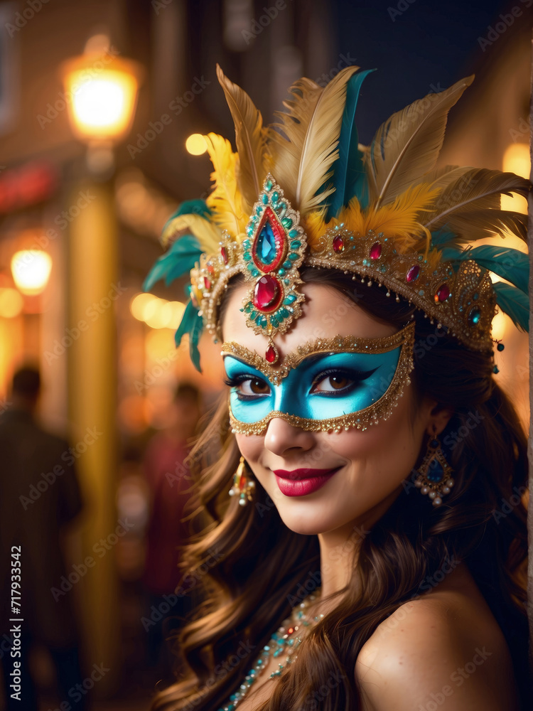 beautiful Female wearing venetian carnival mask and costume