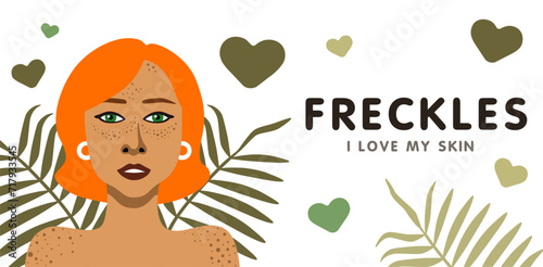 Banner about freckles with young beautiful redhead woman minimalistic vector