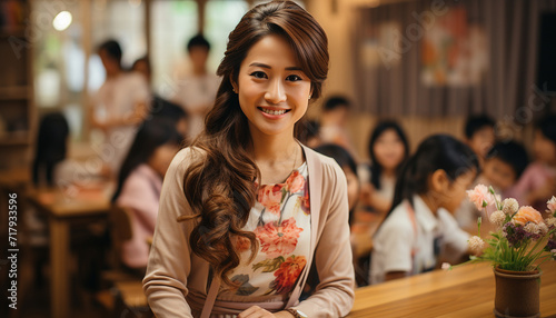 Portrait of smiling female asian teacher in a class at elementary school looking at camera with learning students on background
