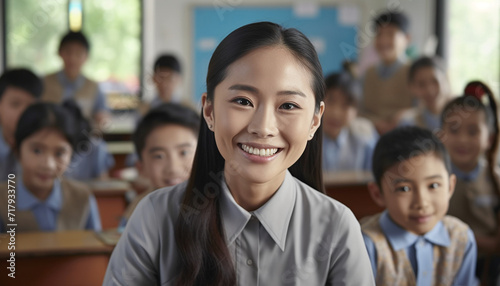 Portrait of smiling female asian teacher in a class at elementary school looking at camera with learning students on background