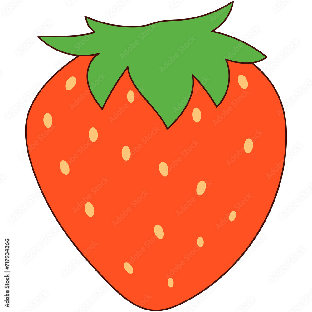 Obraz premium Red yummy delicious vibrant strawberry with a green stem leaf on a white background. Fun 2D illustrations image.