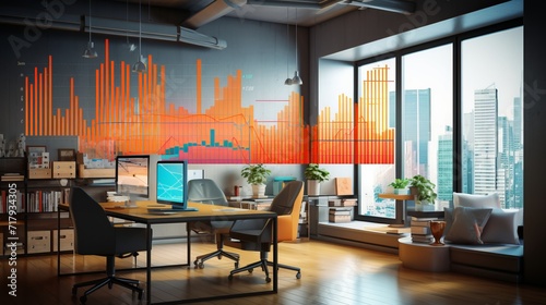 Dynamic office workspace  modern interior with vibrant graphs and diagrams - business concept
