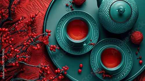Chinese tea set made of traditional shapes and colors. Wonderful red and tea blue glass tea set.