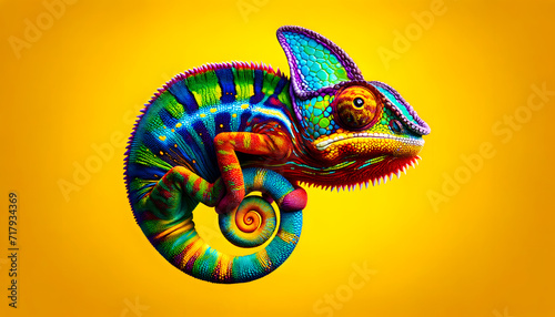 Vivid Chameleon Majesty: A Kaleidoscope of Colors Against Sunny Yellow
