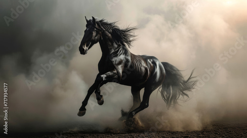 A black stallion rearing in a dramatic misty backdrop  smoke  embodying equine power  epic light