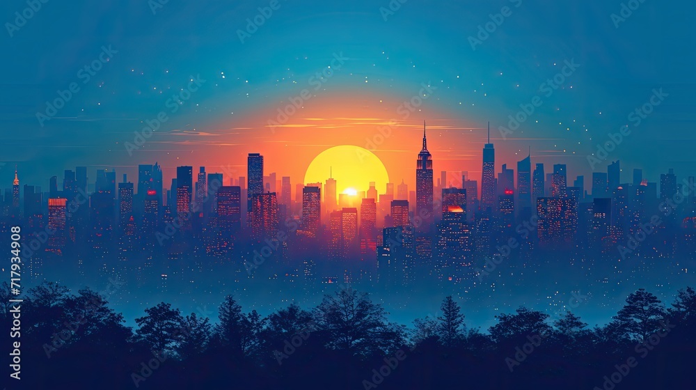 Fototapeta premium sunrise over the city, blue sky and city, City Sky Scrapers with blue and bright skies Vector silhouette generative AI 