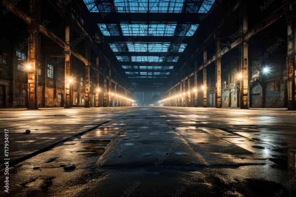Abandoned factory building interior at night with lights and reflections. Abandoned factory building interior at night with lights and reflections.