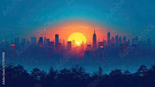 sunrise over the city, blue sky and city, City Sky Scrapers with blue and bright skies Vector silhouette generative AI 