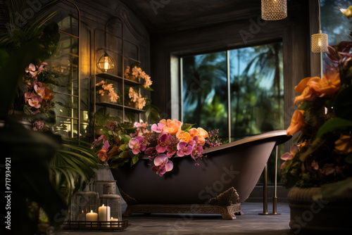 Vintage bathtub decoration with flowers and candles in dark room.