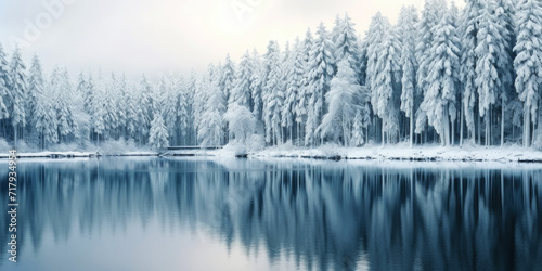 Rows of pines in snow on the lake edge. Serene winter landscape. Generative AI © AngrySun
