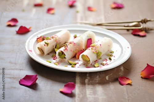 individual rose kulfi on wooden table with scattered petals