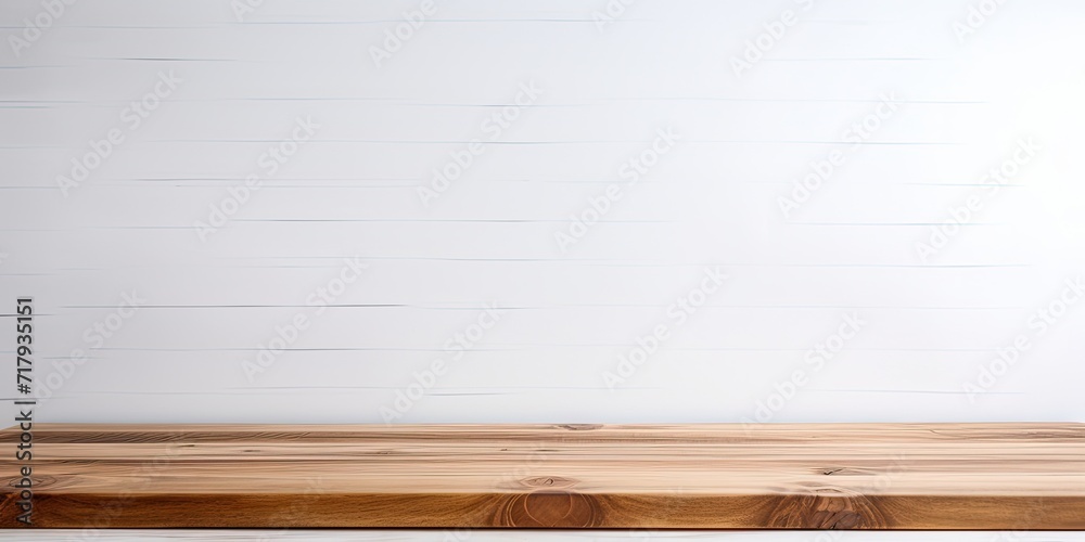 Wooden table with white background - ideal for product display or composition.