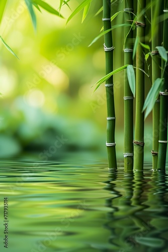 Bamboo stalks in a row in water on sunny background. Bamboos in a peaceful and natural landscape. Green background with bamboo stems in Asian spirit.