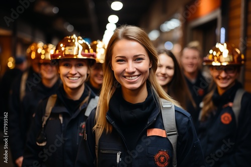 Portrait of a beautiful smiling firefighter girl with her team in the background