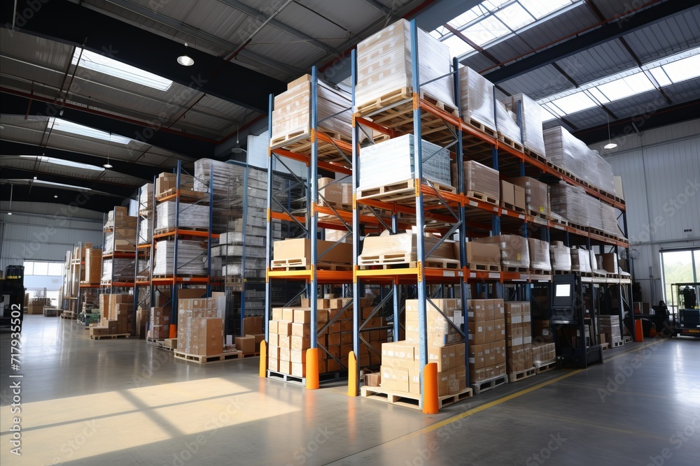 a huge distribution warehouse with boxes on racks, a loader for boxes a huge distribution warehouse with boxes on racks, a loader for boxes