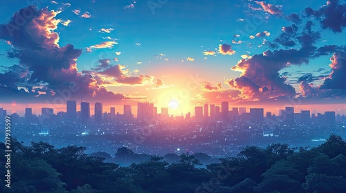 sunrise over the city, blue sky and city, City Sky Scrapers with blue and bright skies Vector silhouette generative AI   © OOTIDI