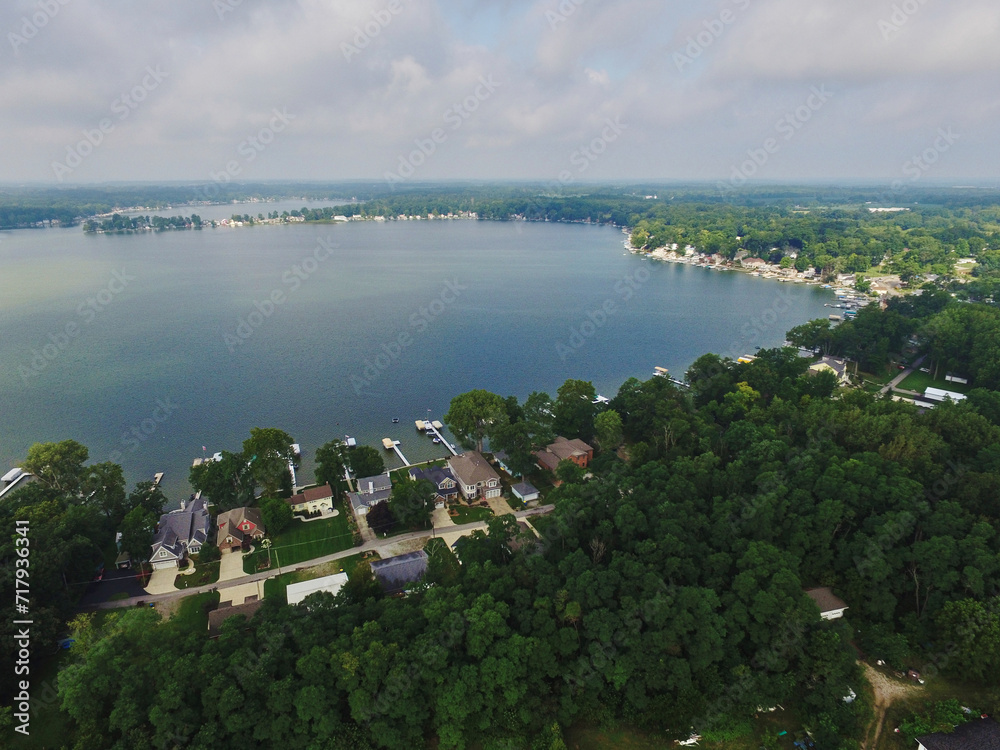 Aerial Serene Lakeside Community and Docks in Indiana