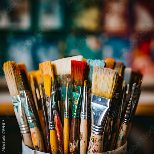 lifestyle photo assorted color paint brushes.
