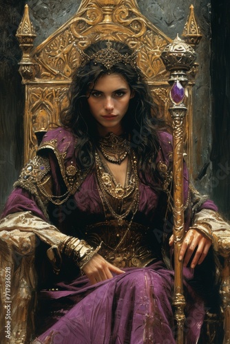beautiful medieval female emperpress, in royal regalia sitting on golden throne