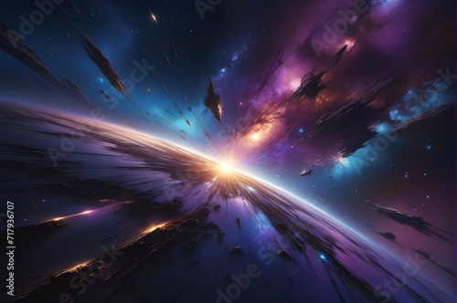 broken galaxy with stars and destroyed planet