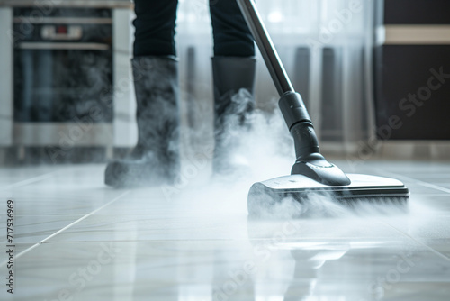 Wallpaper Mural close-up of a housekeeper using a steam cleaner on a minimalist hotel room floor, illustrating the use of advanced cleaning technology for optimal hygiene in a minimalistic style Torontodigital.ca
