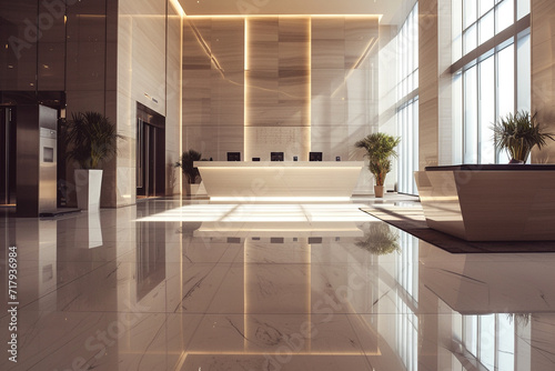 reflective surfaces of a minimalist hotel lobby, where housekeeping staff ensure all surfaces are spotless, contributing to the overall luxurious ambiance in a minimalistic style