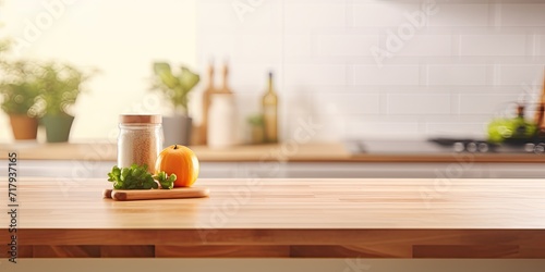Blurred modern kitchen with wooden tabletop for product display or montage.