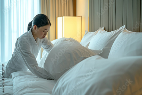 housekeeping team changing pillowcases with precision in a minimalist hotel room, showcasing the dedication to every detail in maintaining a pristine guest experience in a minimali