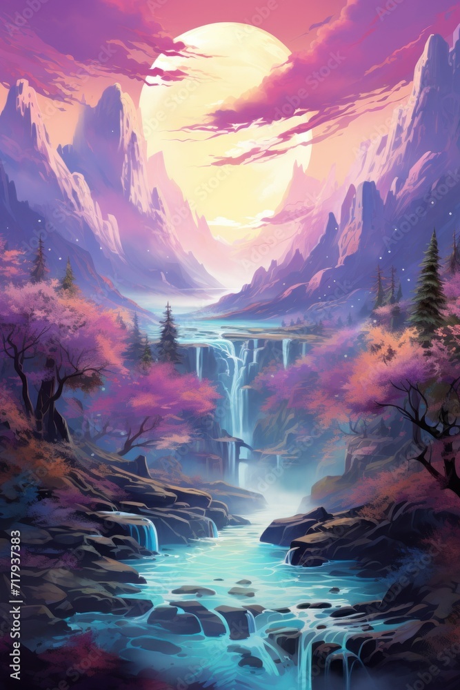 Fantasy landscape with waterfalls and mountains. Digital painting.