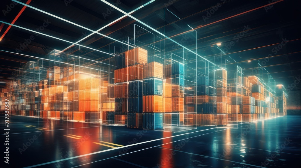 Futuristic warehouse illuminated by blue lights with holographic storage boxes. Modern technology background. Futuristic warehouse illuminated by blue lights with holographic storage boxes. Modern technology background.