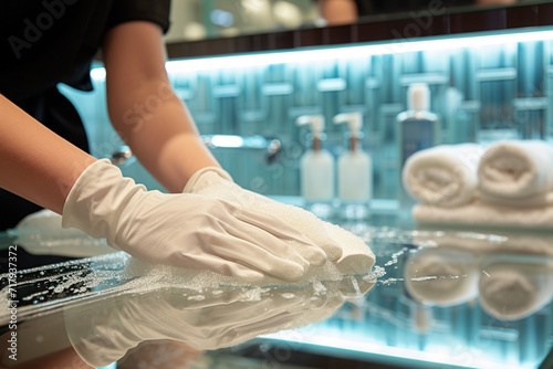 close-up of a housekeeper's hands polishing glass surfaces in a minimalist hotel bathroom, creating a sparkling and inviting atmosphere in a minimalistic style