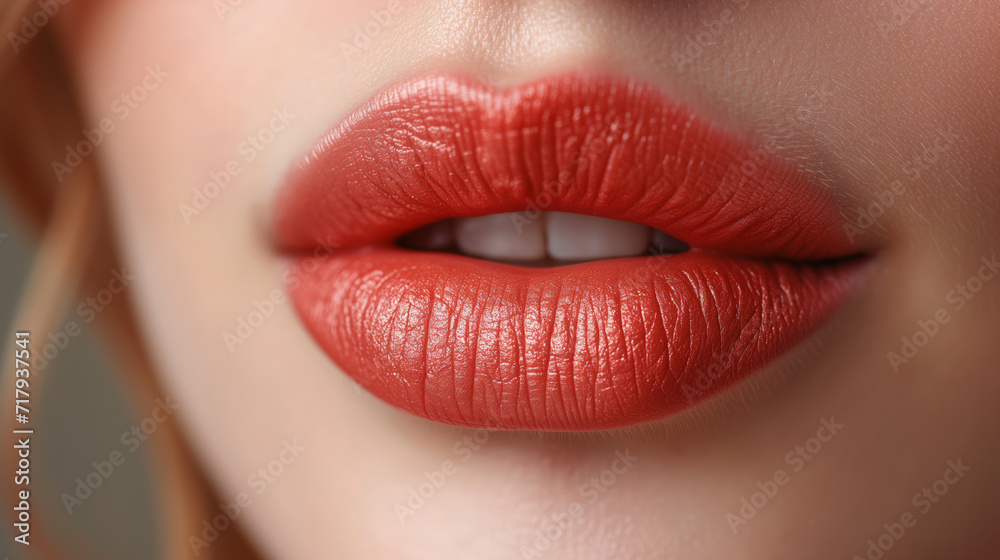 Close-up detailed plump beautiful lips of white young woman with lipstick or gloss. Close-up detailed plump beautiful lips of white young woman with lipstick or gloss.