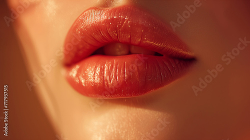 Close-up detailed plump beautiful lips of white young woman with lipstick or gloss.
