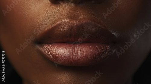 Close-up detailed plump beautiful lips of black young woman with lipstick or gloss. photo