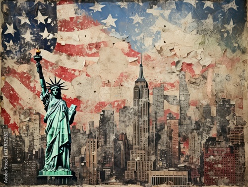 Artistic representation of Statue of Liberty with NYC skyline, American flag backdrop.