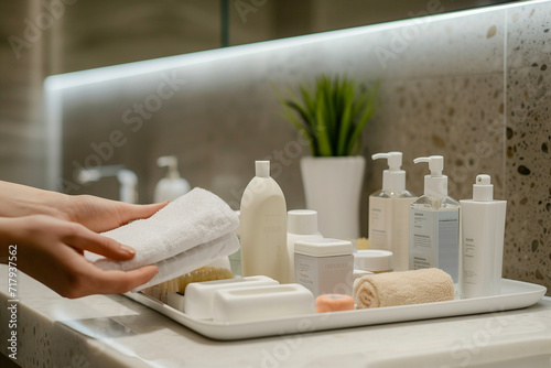 housekeeping attendant arranging toiletries with precision in a minimalist hotel bathroom  contributing to a well-stocked and visually appealing guest area in a minimalistic style