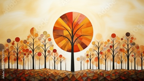 Geometrical fall art. Low poly abstract autumn landscape. Geometrical autumn landscape with trees.