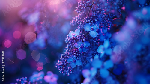 Bokeh abstract flowers background. Dark violet, pink and dark blue. Highly detailed foliage. Neon color palette.