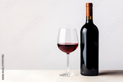 Bottle and glass of red wine on a white background.